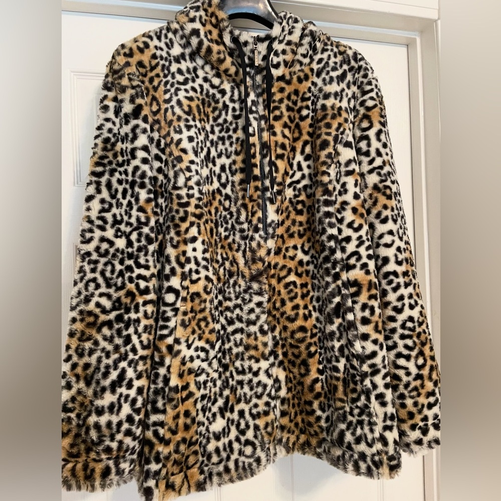 LB LIVI Active Hooded Jacket Leopard Faux Fur Full Zip NWOT